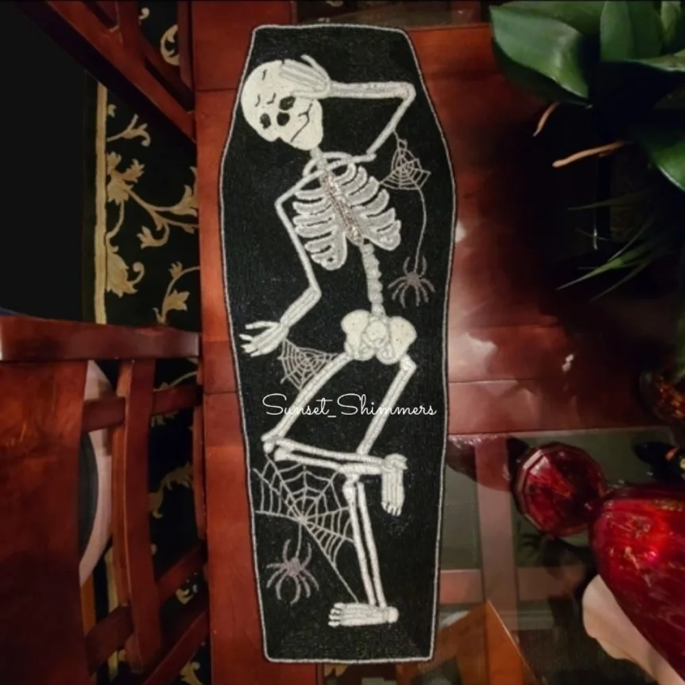 GOTH Halloween SKELETON in COFFIN Spider Web Beaded TABLE RUNNER Centerpiece New